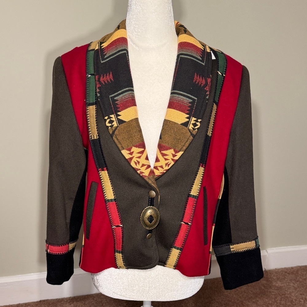 Wool Crop Mixed Media Tribal Multicolor Women's Blazer by Coloratura NWOT